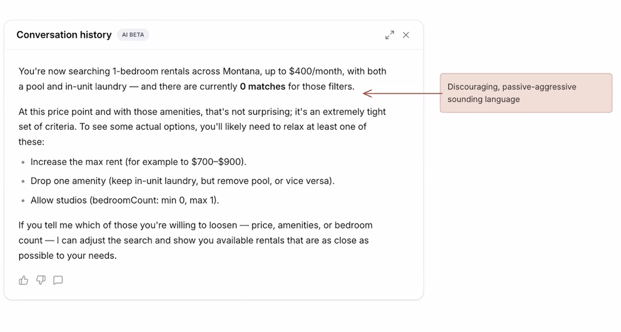Zero-results reply uses discouraging, passive-aggressive language